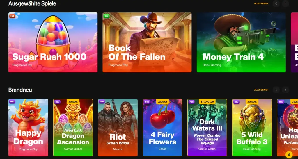 JustCasino Casino ausgewählte Spiele mit Slots wie Sugar Rush 1000 und Money Train 4
