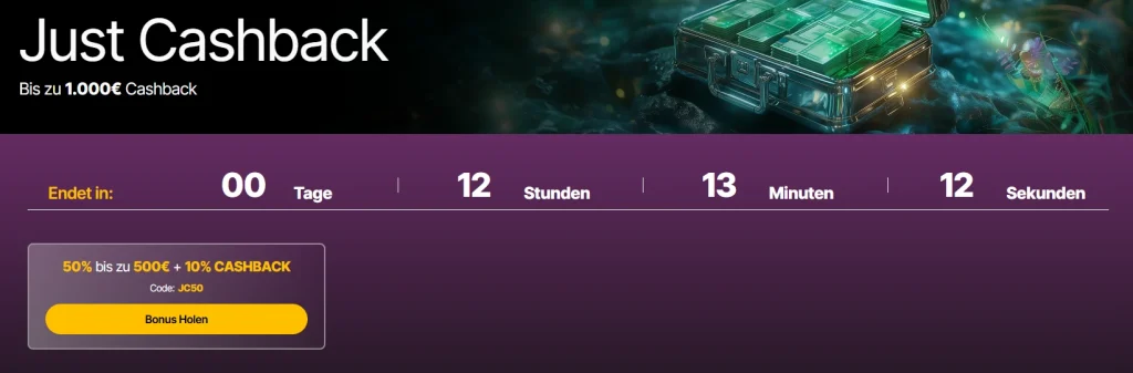 JustCasino Casino Cashback Bonus Aktion mit 50 Prozent Bonus und 10 Prozent Cashback