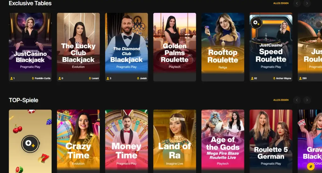 JustCasino Casino Live Casino Tische und Top Spiele Auswahl mit Blackjack und Roulette
