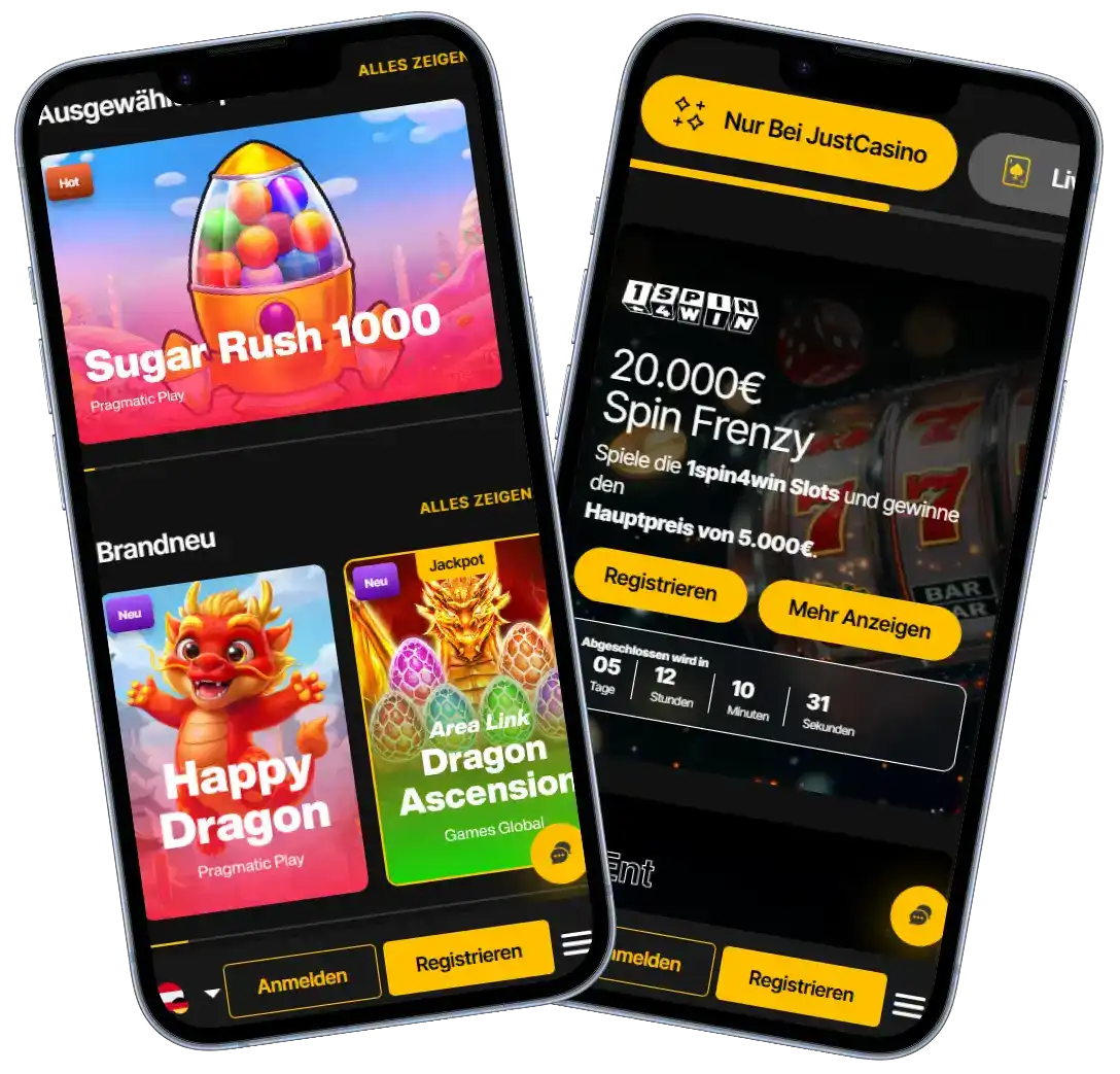 JustCasino Casino mobile Ansicht mit Slots, Bonus Aktionen und Benutzeroberfläche