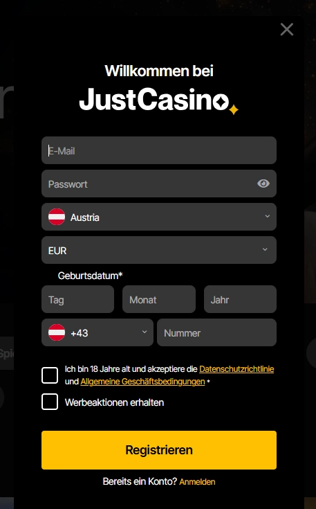JustCasino Casino Registrierungsformular mit Eingabefeldern und Anmeldebutton