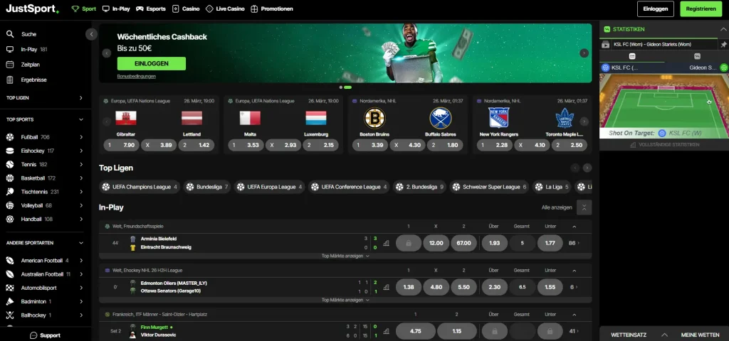 JustCasino Casino JustSport Bereich mit Live Wetten und Sport Events Übersicht